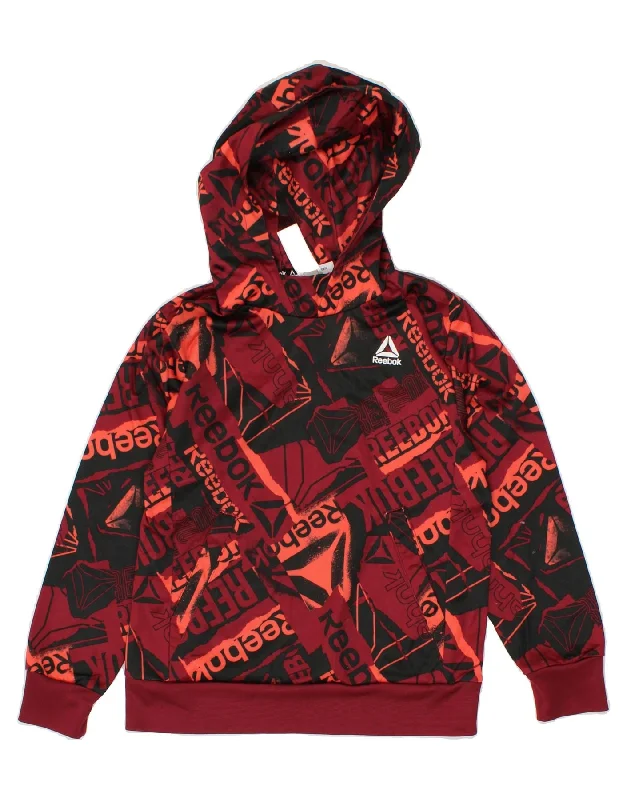 REEBOK Girls Graphic Hoodie Jumper 7-8 Years Medium  Red Hoodie with Hem Fringe Bohemian Relaxed