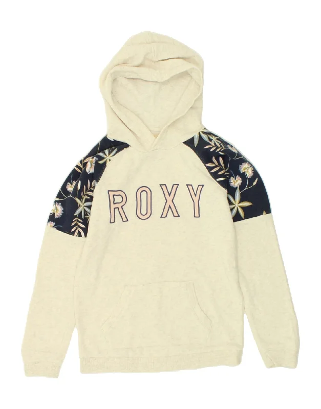 ROXY Girls Graphic Hoodie Jumper 12-13 Years 2XL Off White Floral Hoodie with Emblem Brand Identity