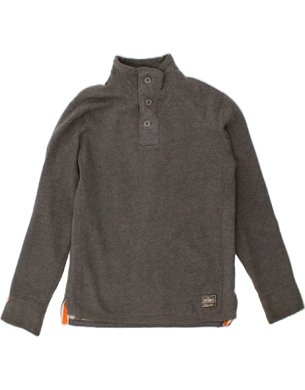 SUPERDRY Mens Button Neck Sweatshirt Jumper XL Grey Cotton Hoodie with Ribbed Hem Stretchable Secure