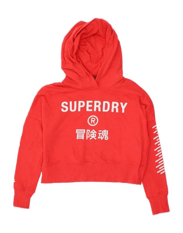 SUPERDRY Womens Crop Graphic Hoodie Jumper UK 6 XS  Red Cotton Hoodie with Hem Raw Edge Edgy Unfinished