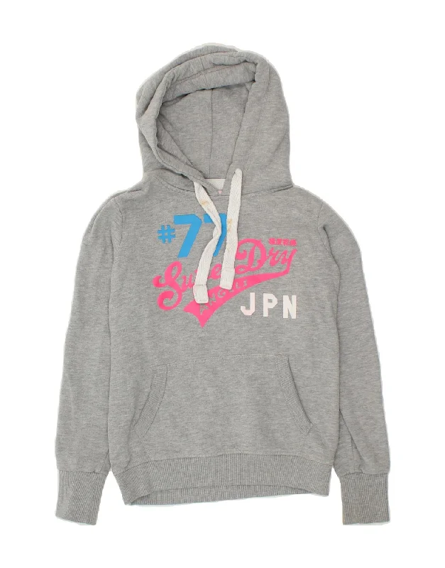 SUPERDRY Womens Graphic Hoodie Jumper UK 10 Small Grey Cotton Hoodie with Hem Embroidery Detailed Premium