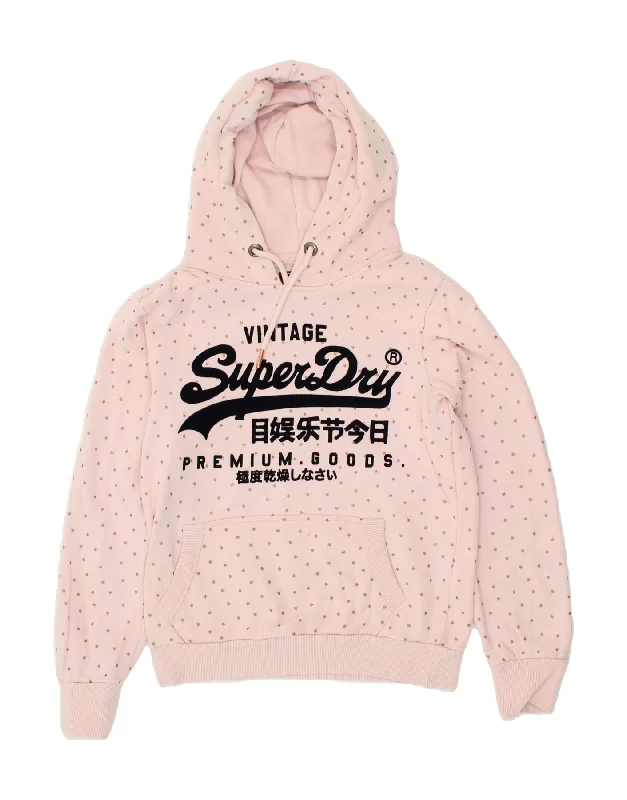 SUPERDRY Womens Graphic Hoodie Jumper UK 10 Small  Pink Spotted Cotton Hoodie with High-Low Hem Asymmetrical Trendy