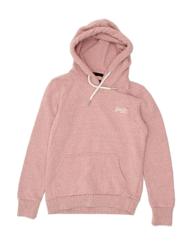 SUPERDRY Womens Hoodie Jumper UK 6 XS  Pink Flecked Cotton Hoodie with Ribbed Cuffs Snug Fit Comfort