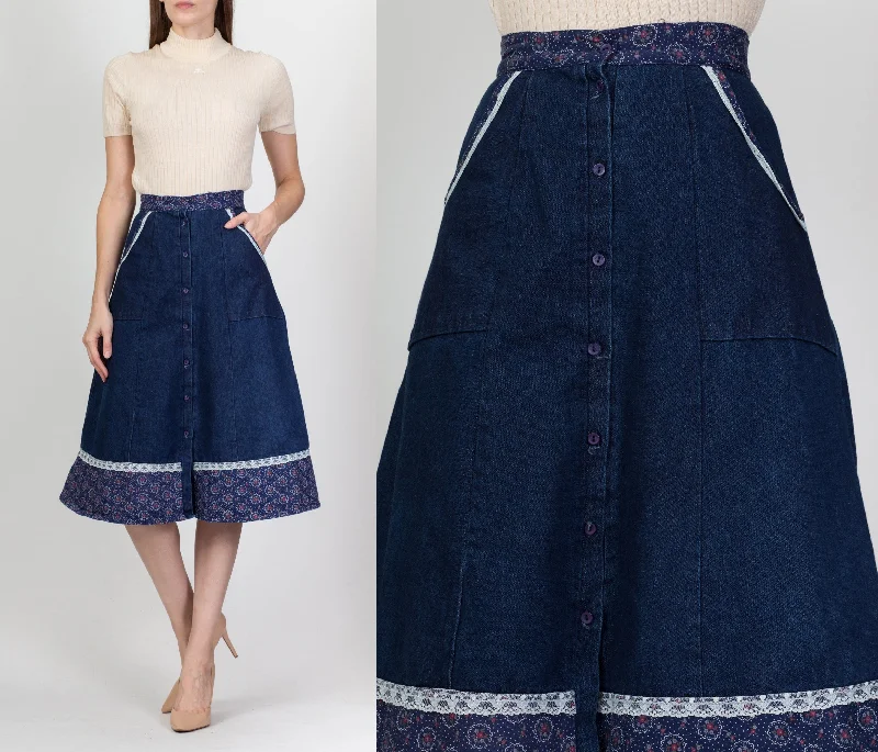 70s Boho Denim Floral Lace Trim Skirt - Extra Small, 24" leather skirt sleek