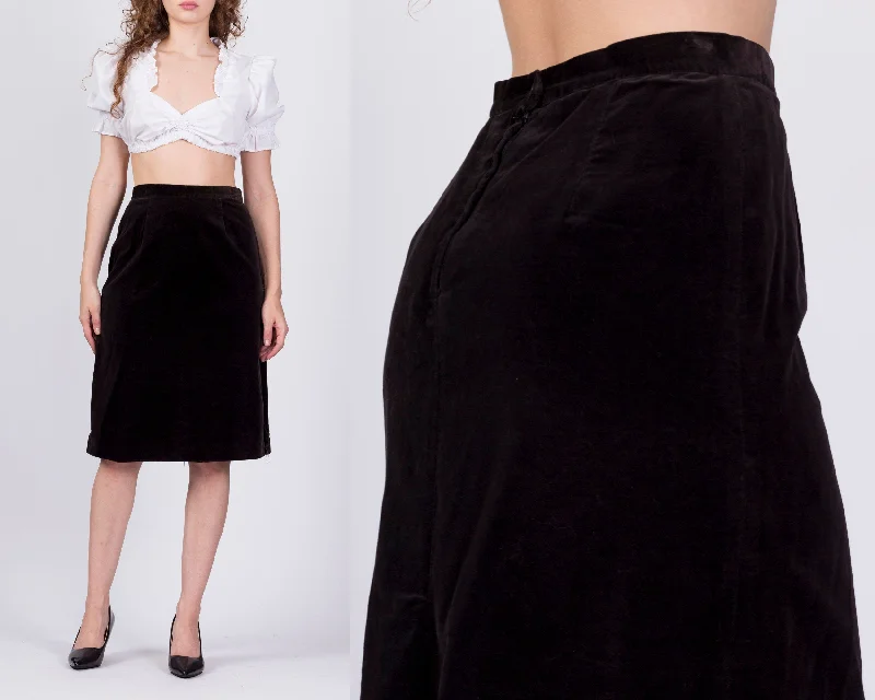 70s Campus Casuals Dark Brown Velvet Midi Skirt - Medium, 27.5" flowy skirt hem