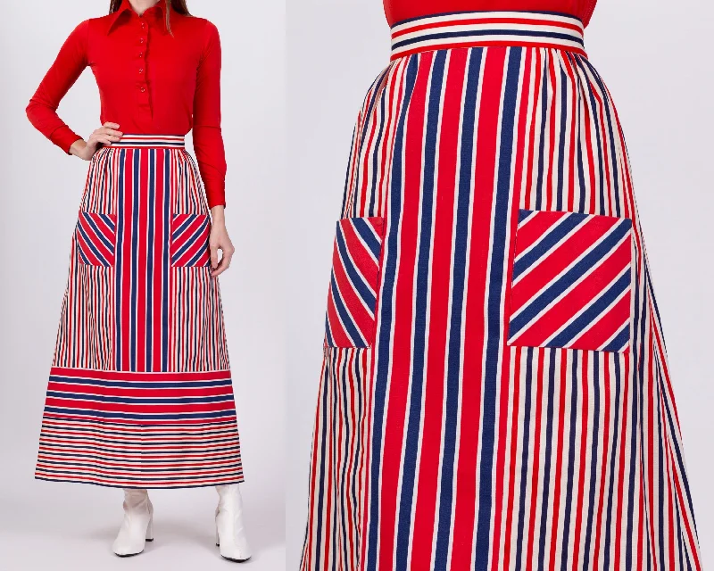 70s Red White & Blue Striped Maxi Skirt - Medium, 29" linen skirt breathable