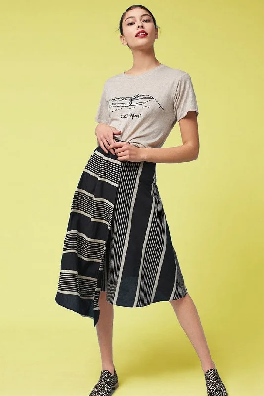 Black and Taupe Stripe Midi Skirt silk skirt smooth