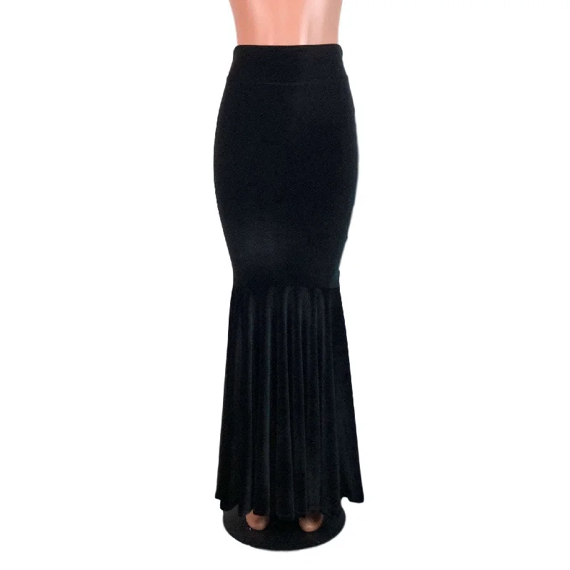 Long Mermaid Skirt - Black Velvet Fit n Flare Maxi Skirt leather skirt bold