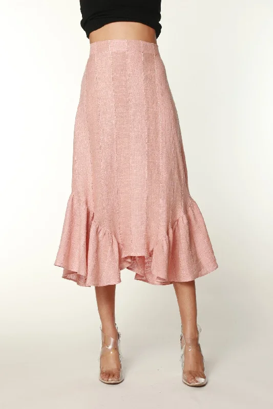 Blush Flounced Linen Midi Skirt linen skirt natural