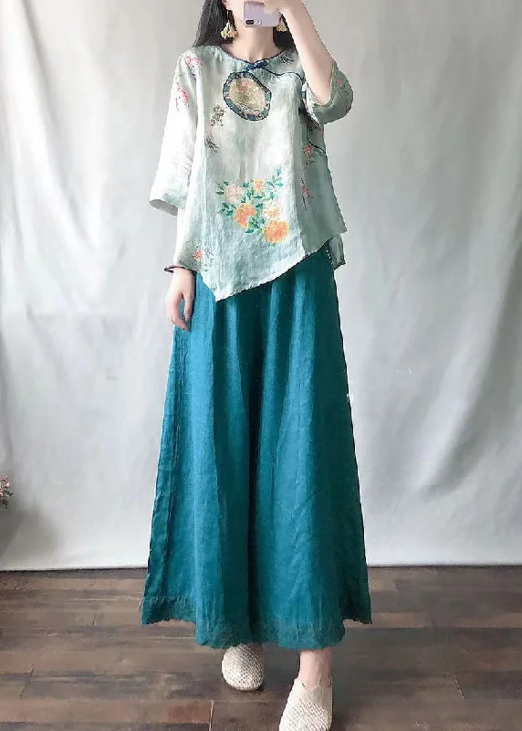 Casual Light Green O-Neck Print Shirts And Maxi Skirts Two Pieces Set Summer linen skirt natural