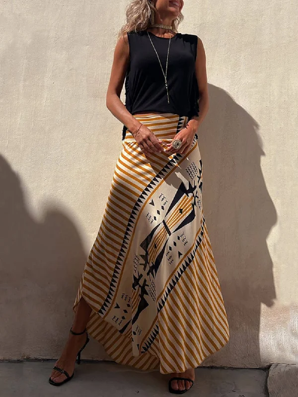 Geometric Print Elastic Charming Waist Maxi Skirt linen skirt natural