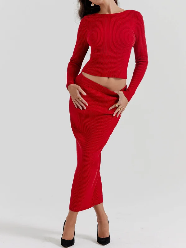 Red Knit-Blend Stylish Maxi Skirt wool skirt warm