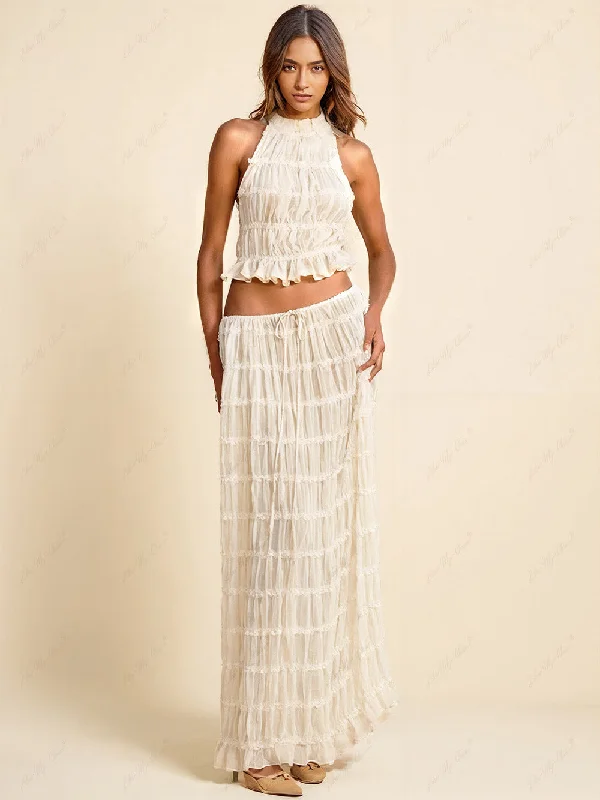 Charm Pleated Drawstring Charming Waist Tiered Maxi Skirt chiffon skirt floaty