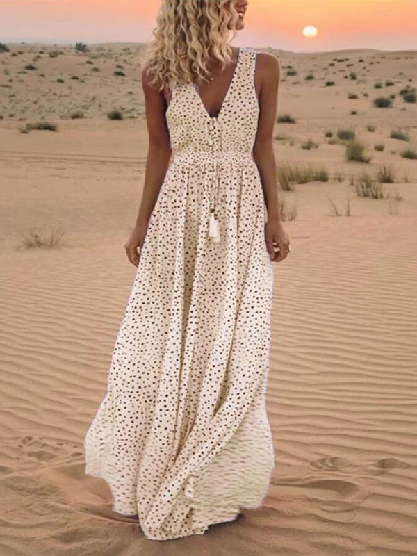 Bohemian V-Neck Sleeveless Charming Polka-Dot Maxi Skirt linen skirt breathable