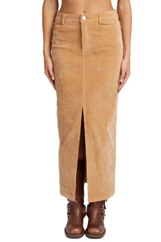 Corduroy Mid Skirt With Front Slit summer skirt style