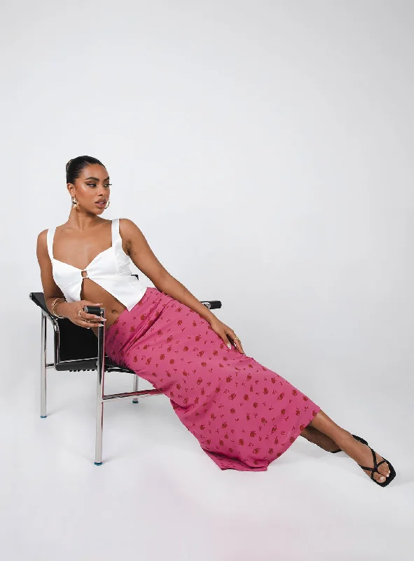 Gendling Midi Skirt Pink Floral belted skirt waist