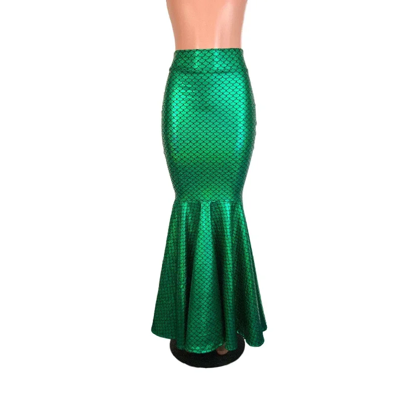 Long Mermaid Skirt - Green Mermaid Scales Fit n Flare Maxi Skirt lace skirt intricate