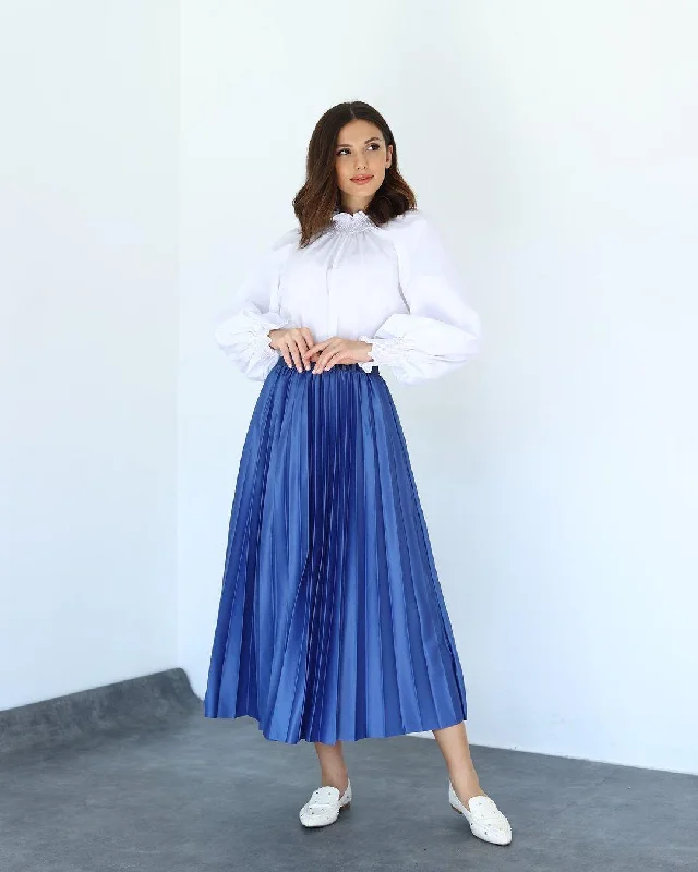 PLEAT LAD FAS SKIRT BLUE 4203-03 HE silk skirt lustrous