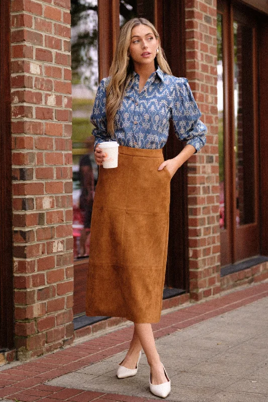 I'm Telling You Caramel Brown Faux Suede Midi Skirt lace skirt elegant