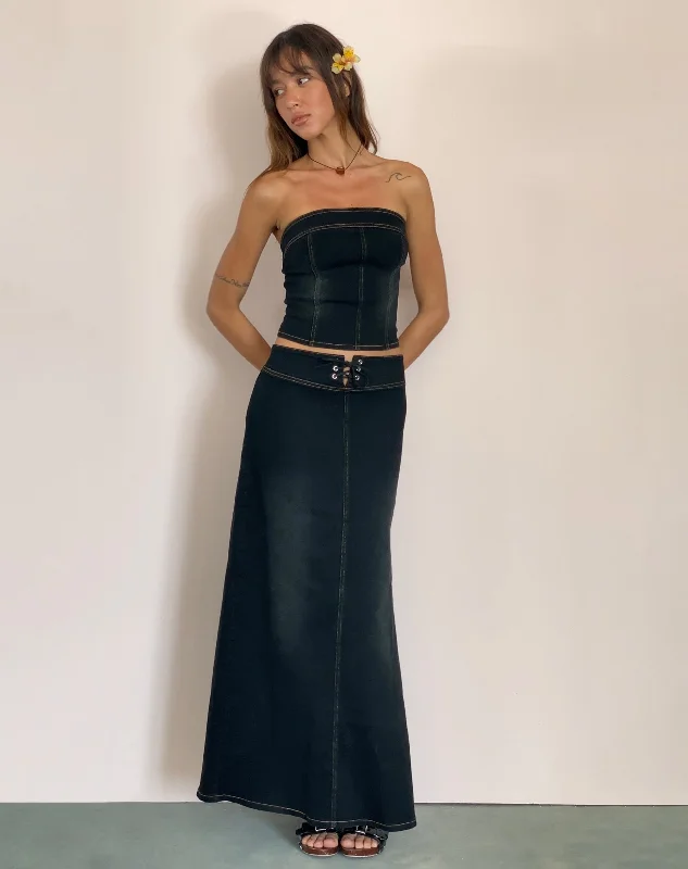 Lafille Denim Maxi Skirt in Black Wash vintage skirt charm