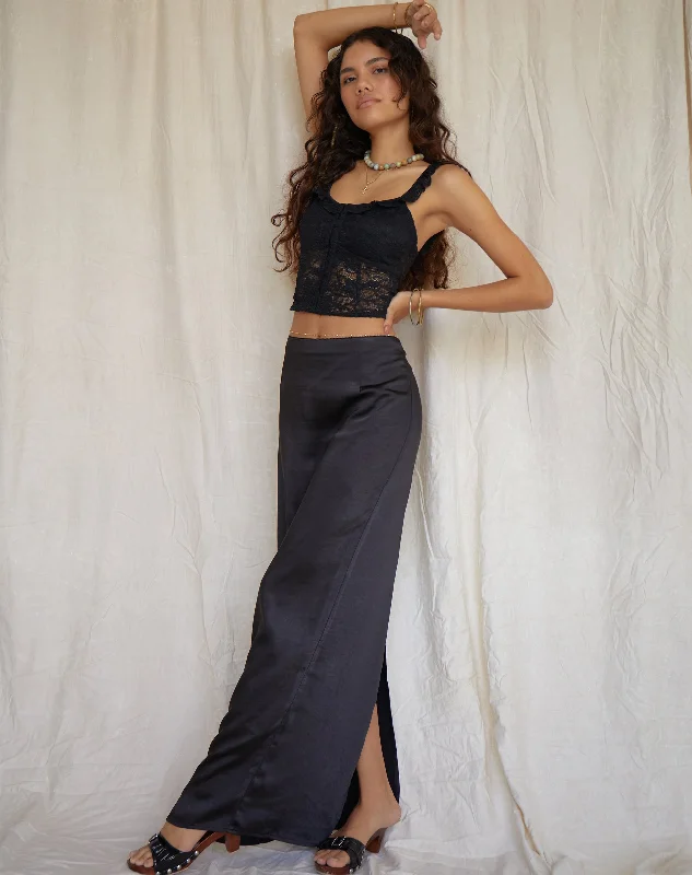 Layla Maxi Skirt in Satin Black midi skirt versatile