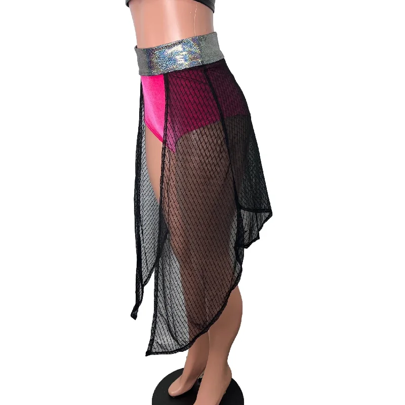 Long Cape Skirt - Black Vixen Mesh Sheer - Unisex Men/Women Open-Front Skirt silk skirt elegant