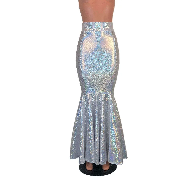 Long Mermaid Skirt - Silver on White Shattered Glass Fit n Flare Maxi Skirt cashmere skirt soft