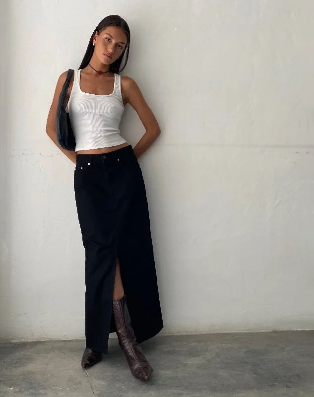 Low Rise Denim Maxi Skirt in Rinse Black lightweight skirt design