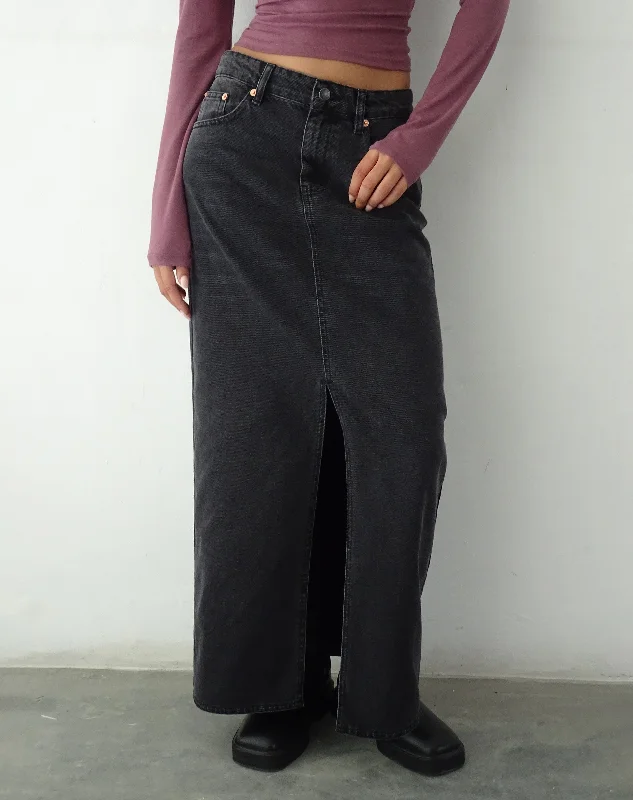 Low Rise Denim Maxi Skirt in Vintage Black flowy skirt hem