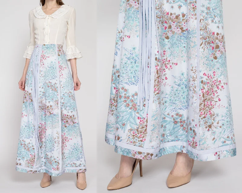 Med-Lrg 70s Chessa Davis Boho Blue Floral Tassel Maxi Skirt elastic waist skirt