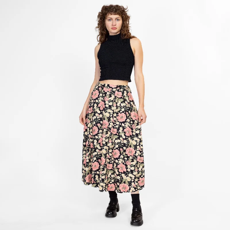 Med-Lrg 90s Black & Pink Floral Maxi Skirt wool skirt sturdy