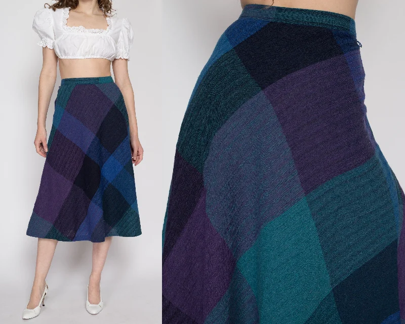 Medium 70s Dark Plaid A Line Midi Skirt 28" wool skirt warm