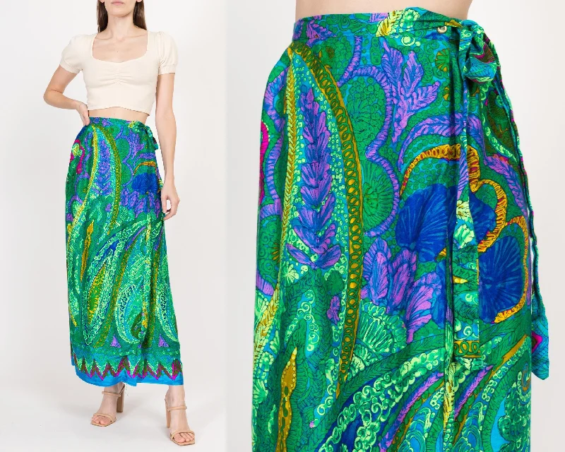 Medium 70s Green Batik Barkcloth Maxi Wrap Skirt lace skirt romantic