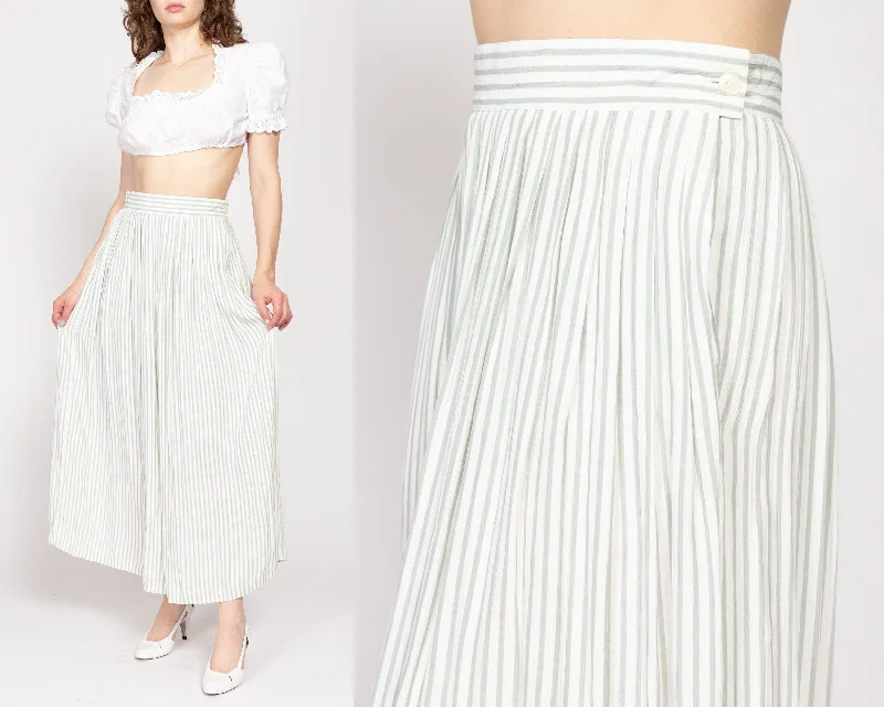 Medium 80s White & Sage Green Pinstriped Maxi Skirt 28" boho skirt vibe