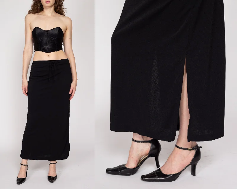 Medium 90s Black Drawstring Waist Maxi Skirt casual skirt length