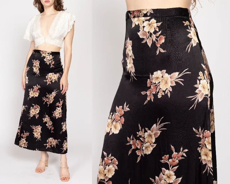 Medium 90s Black Floral Satin Maxi Skirt 28" lace skirt delicate