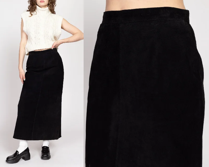 Medium 90s Black Suede Maxi Skirt 28.5" ruffled skirt detail