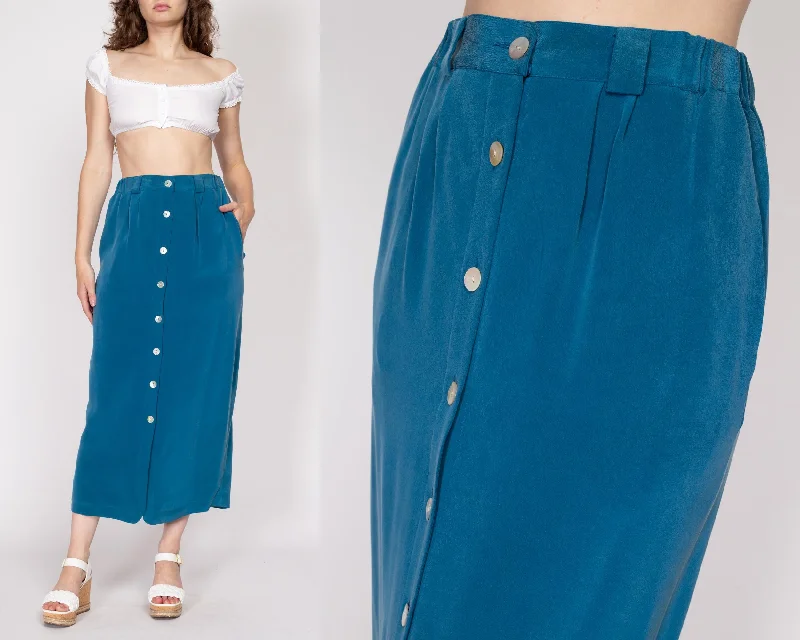 Medium 90s Blue Silk Abalone Button Maxi Skirt summer skirt style