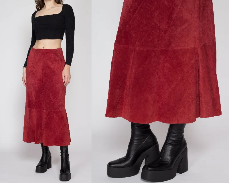 Medium 90s Boho Raspberry Red Suede Midi Skirt velvet skirt luxury