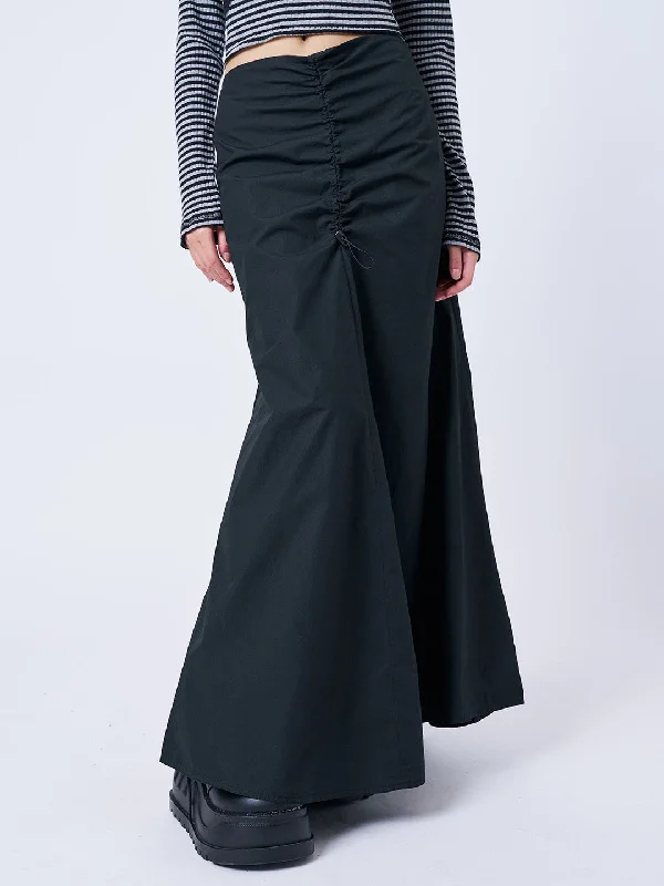 Morticia Black Ruched Maxi Skirt cashmere skirt fine