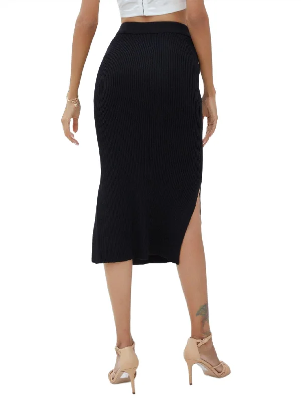 Ribbed Side Slit Midi Skirt wrap skirt elegant