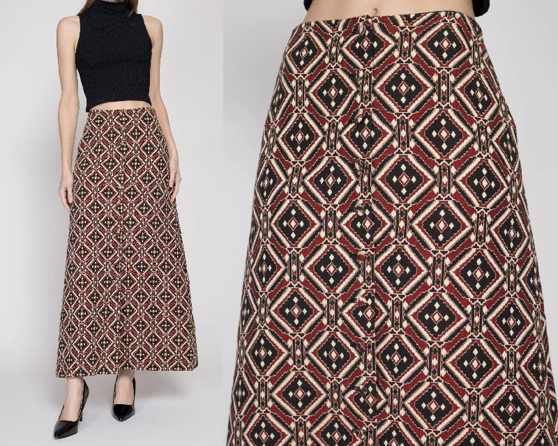 Small 60s Boho Geometric Quilted Maxi Skirt 25.5" high slit skirt