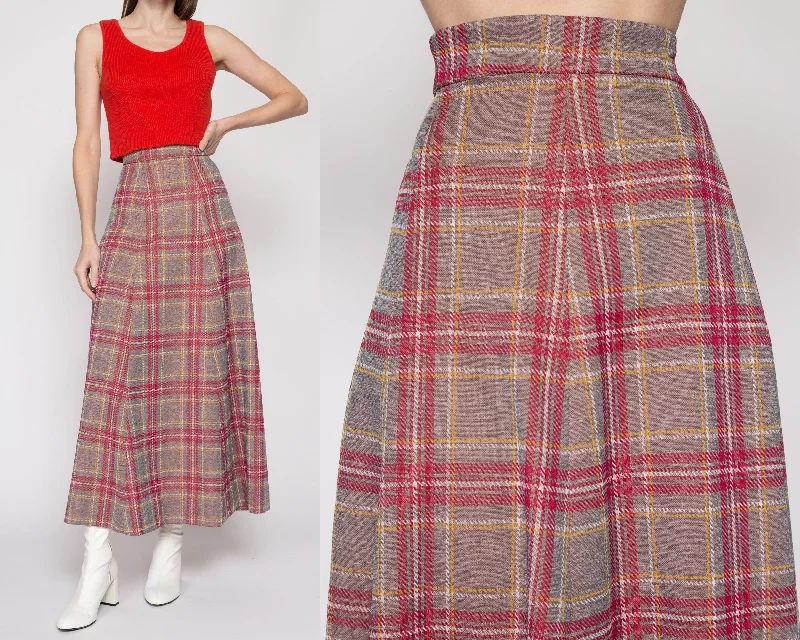 Small 70s Plaid A-Line Maxi Skirt 26" satin skirt smooth