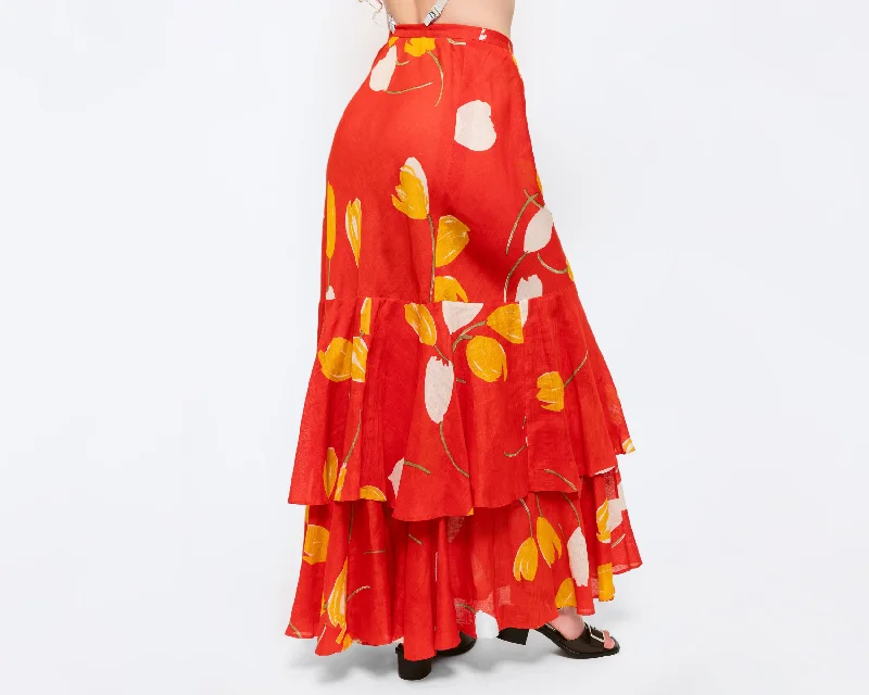 Small 70s Red Linen Tulip Print Maxi Skirt 26.5" high waist skirt