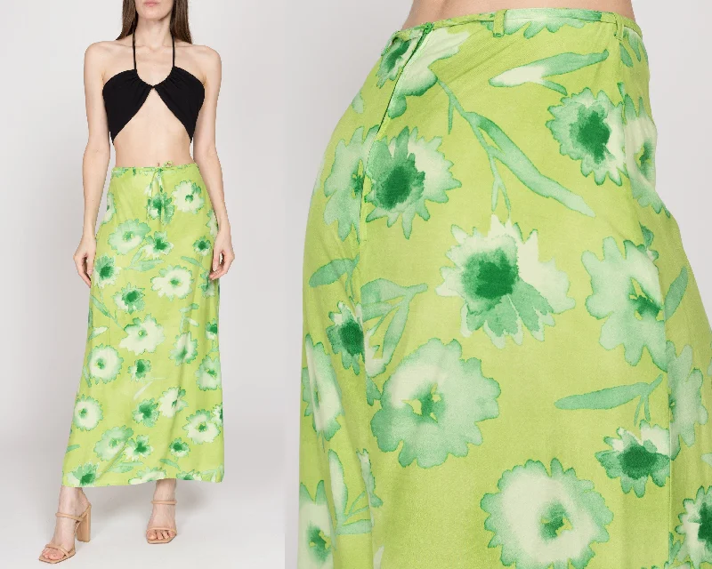 Small 90s Boho Lime Green Floral Rayon Maxi Skirt 26.5" slim fit skirt