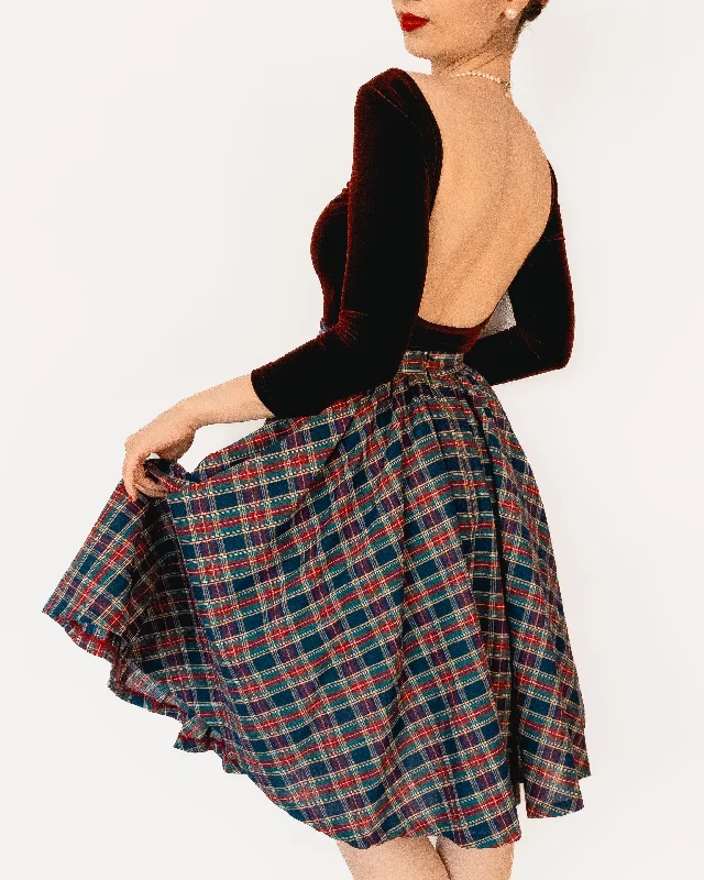 Vintage Tartan Plaid Fit and Flare Midi Skirt Multicolor button skirt front