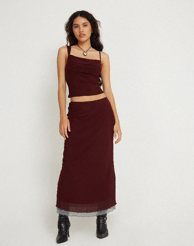 Tresha Maxi Skirt in Mesh Burgundy pencil skirt chic