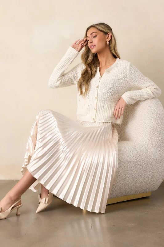 Urban Elegance Ivory Pleated Midi Skirt belted skirt waist