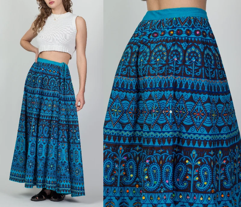 Vintage 70s Blue Indian Block Print Skirt - Small to Medium wool skirt sturdy