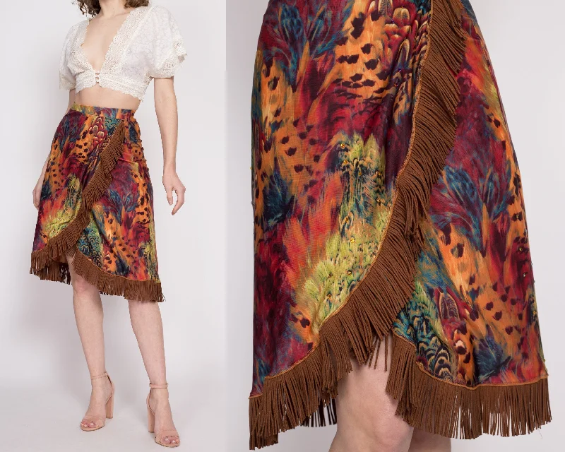 Vintage Boho Peacock Feather Print Fringe Skirt - Extra Small lace skirt feminine